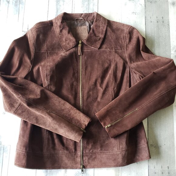 Brown Suede Leather Double Zipper Jacket - Size M - Picture 1 of 6